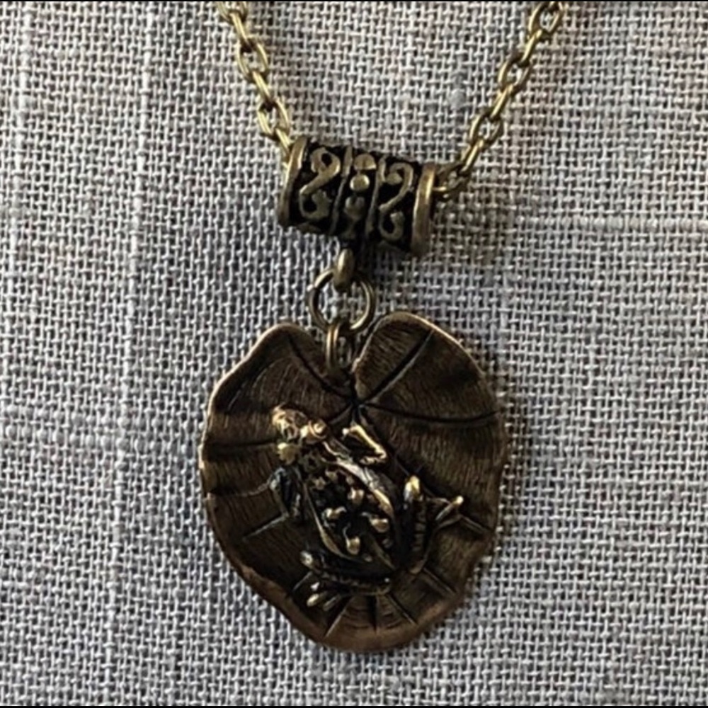 Handmade brass frog on a lily pad necklace